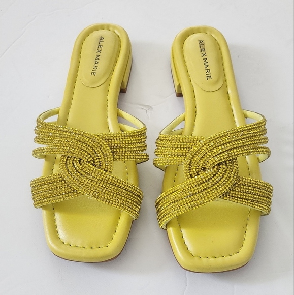 Alex Marie Freesia Twist Yellow/Green Rhinestone Square Toe Flat Sandals Size 6 - Picture 5 of 7